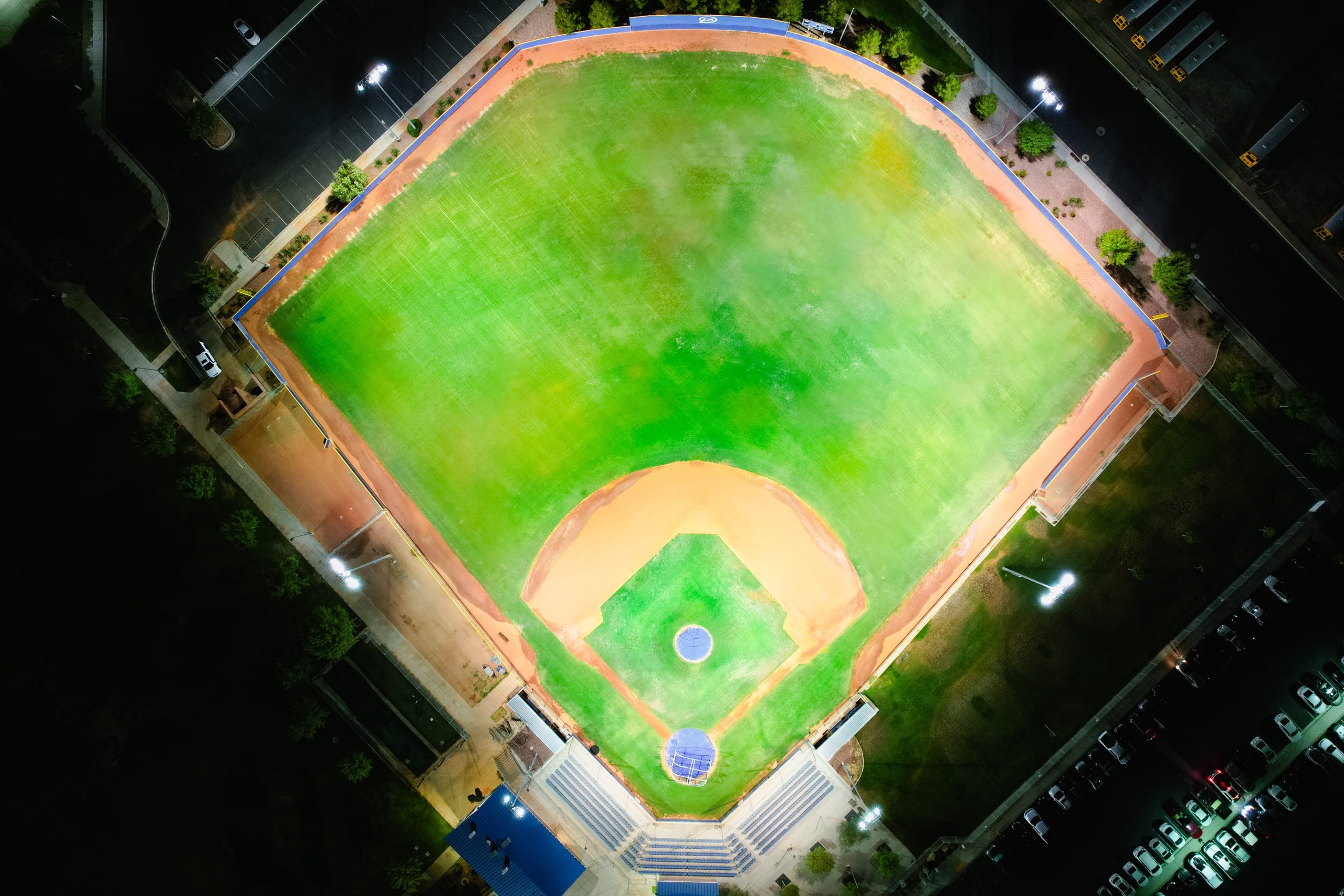 Arial overhead view of the baseball diamond at night