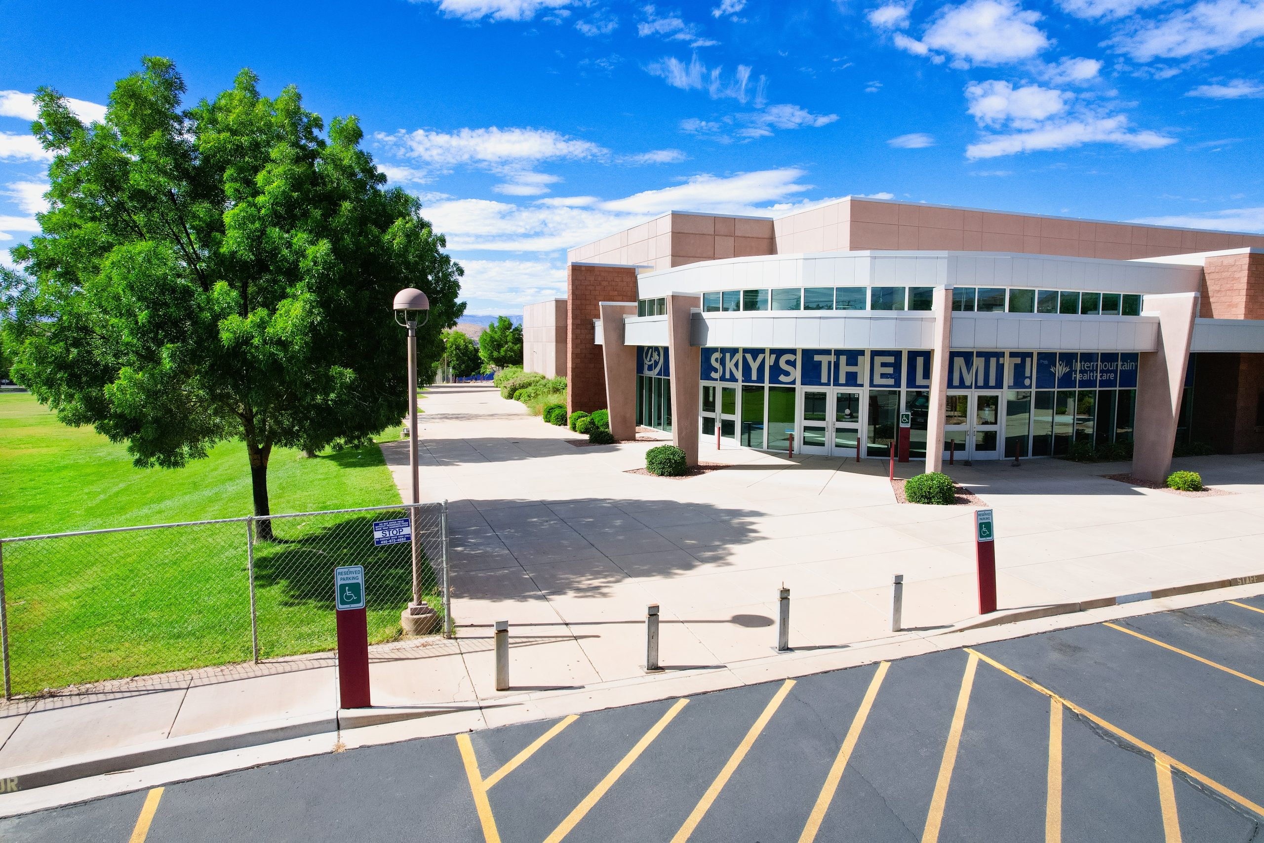 Entrance to the athletics building from the north parking lot.