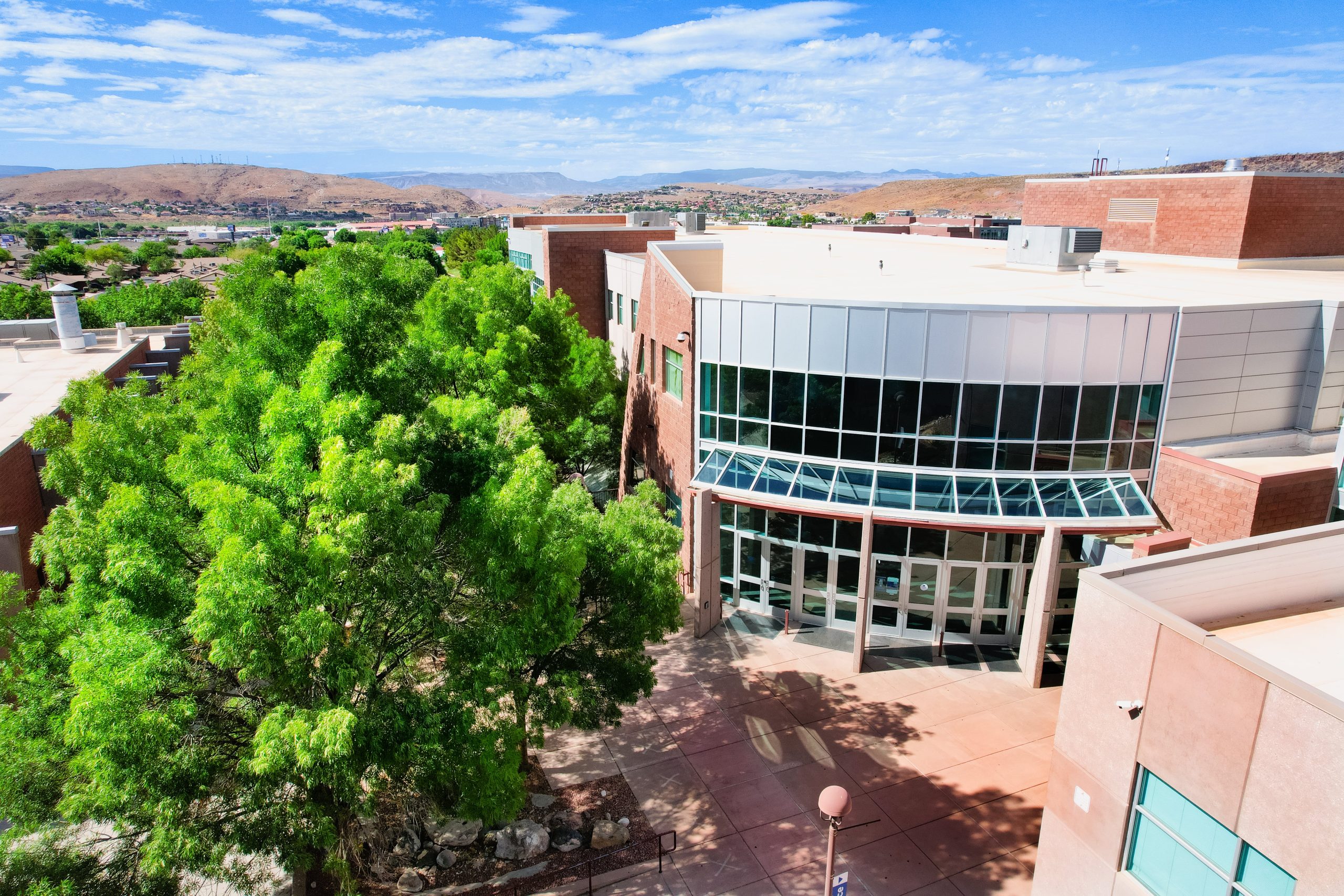 Arial photograph of the main entrance to the school