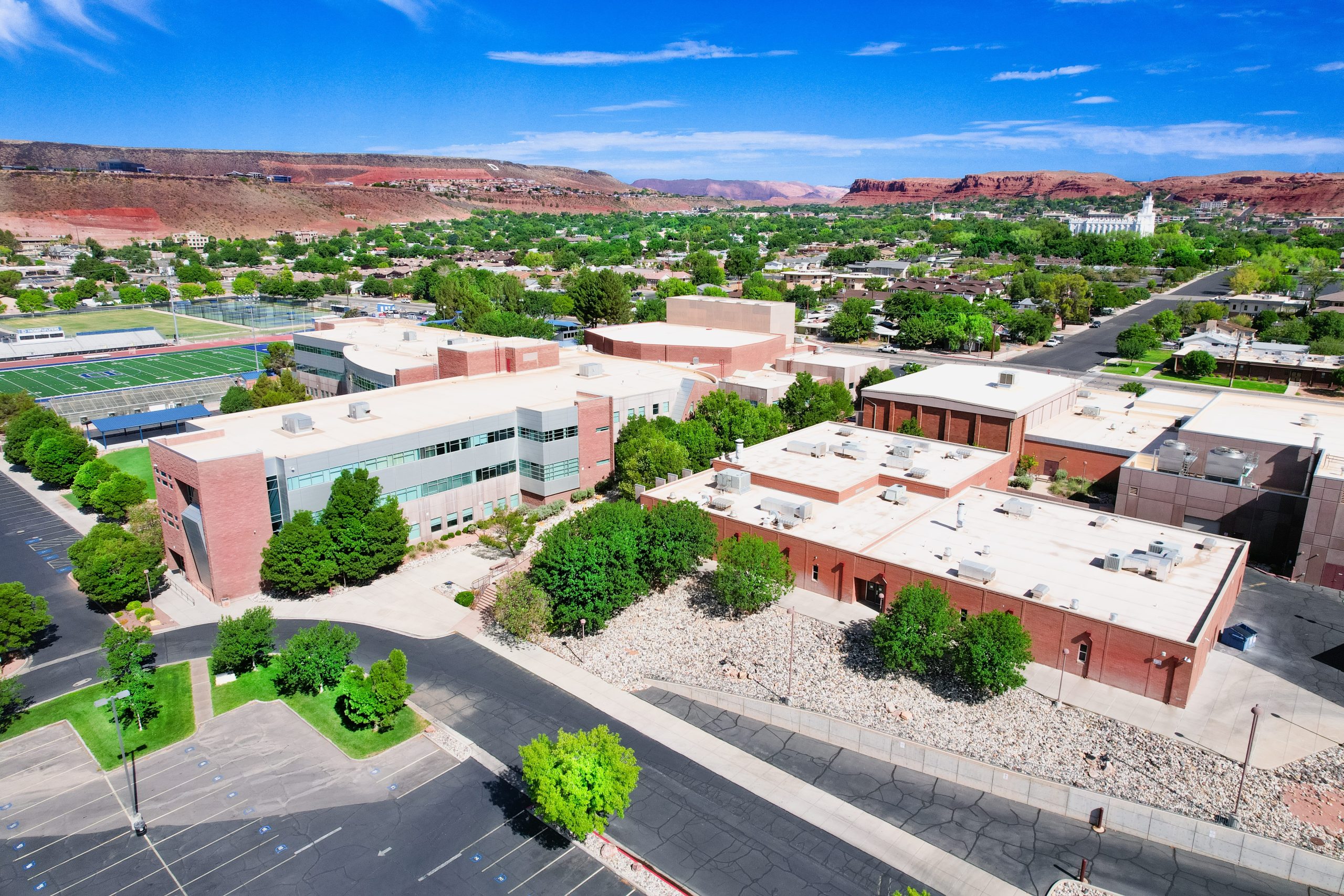 Arial photograph of the campus grounds from the south east.
